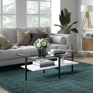 Homeroots 47" Black Glass And Steel Coffee Table With Shelf   520969