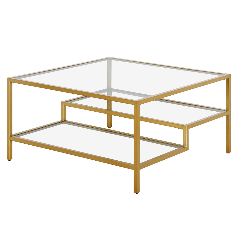 Homeroots 32" Gold Glass And Steel Square Coffee Table With Two Shelves   520971