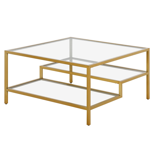Homeroots 32" Gold Glass And Steel Square Coffee Table With Two Shelves   520971
