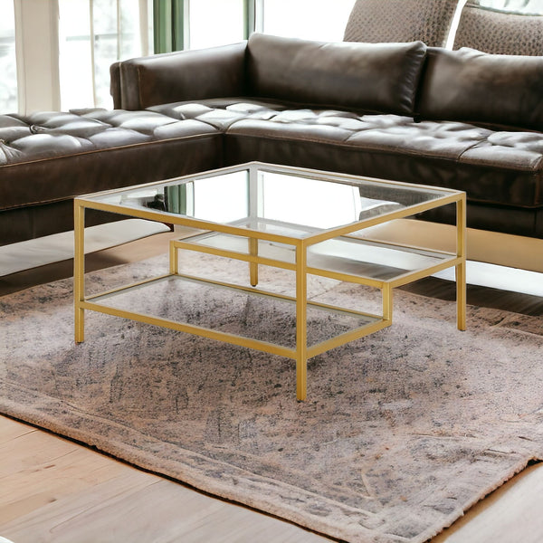 Homeroots 32" Gold Glass And Steel Square Coffee Table With Two Shelves   520971