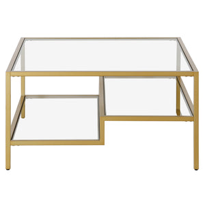 Homeroots 32" Gold Glass And Steel Square Coffee Table With Two Shelves   520971