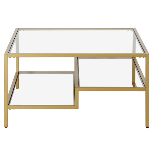 Homeroots 32" Gold Glass And Steel Square Coffee Table With Two Shelves   520971