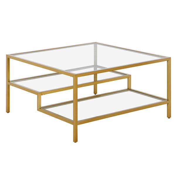 Homeroots 32" Gold Glass And Steel Square Coffee Table With Two Shelves   520971