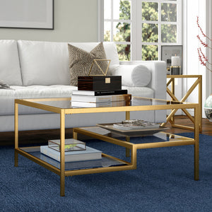Homeroots 32" Gold Glass And Steel Square Coffee Table With Two Shelves   520971