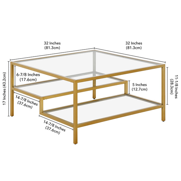 Homeroots 32" Gold Glass And Steel Square Coffee Table With Two Shelves   520971