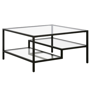 Homeroots 32" Black Glass And Steel Square Coffee Table With Two Shelves   520972