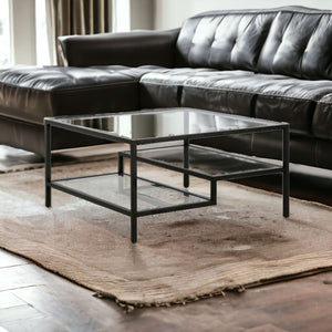 Homeroots 32" Black Glass And Steel Square Coffee Table With Two Shelves   520972
