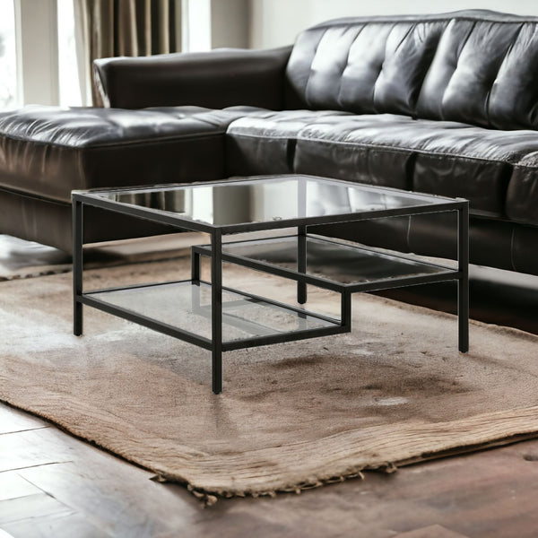 Homeroots 32" Black Glass And Steel Square Coffee Table With Two Shelves   520972