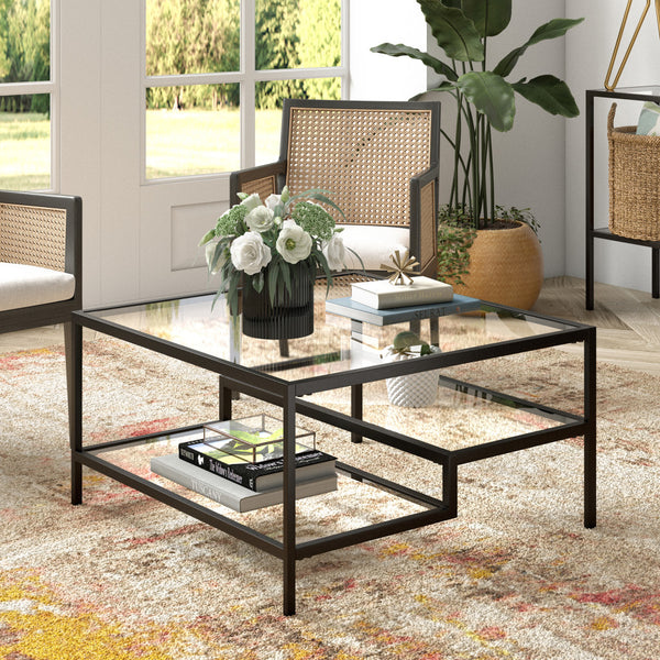 Homeroots 32" Black Glass And Steel Square Coffee Table With Two Shelves   520972