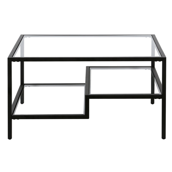 Homeroots 32" Black Glass And Steel Square Coffee Table With Two Shelves   520972