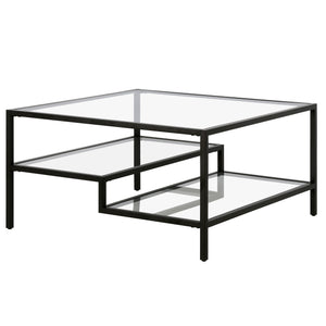 Homeroots 32" Black Glass And Steel Square Coffee Table With Two Shelves   520972
