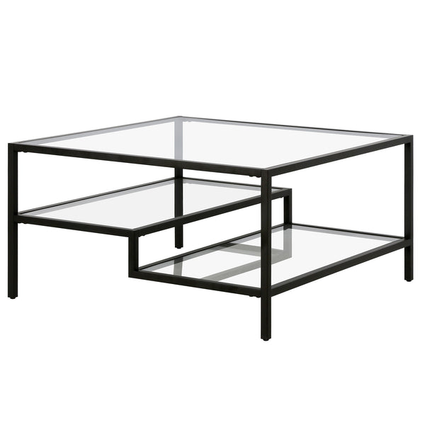Homeroots 32" Black Glass And Steel Square Coffee Table With Two Shelves   520972