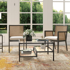 Homeroots 32" Black Glass And Steel Square Coffee Table With Two Shelves   520972