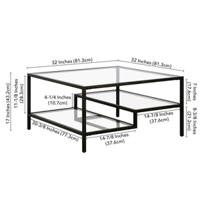 Homeroots 32" Black Glass And Steel Square Coffee Table With Two Shelves   520972
