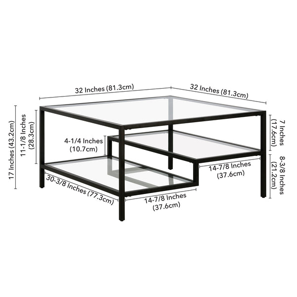 Homeroots 32" Black Glass And Steel Square Coffee Table With Two Shelves   520972