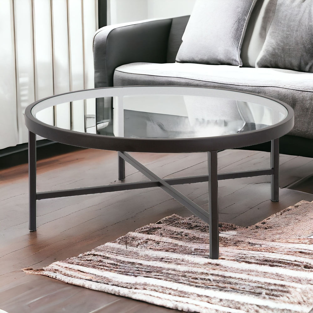 Homeroots 36" Black Glass And Steel Round Coffee Table   520975