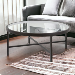 Homeroots 36" Black Glass And Steel Round Coffee Table   520975