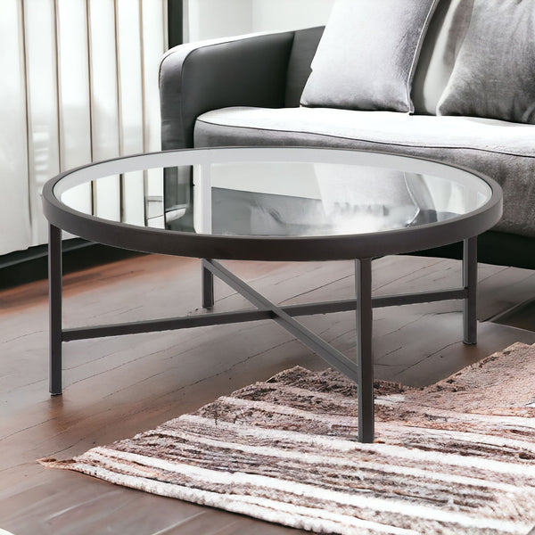 Homeroots 36" Black Glass And Steel Round Coffee Table   520975