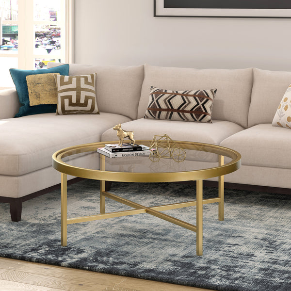 Homeroots 36" Gold Glass And Steel Round Coffee Table   520976