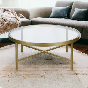 Homeroots 36" Gold Glass And Steel Round Coffee Table   520976
