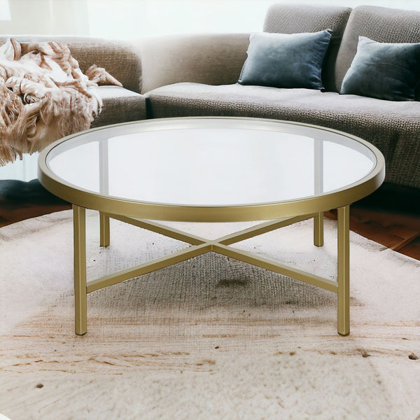 Homeroots 36" Gold Glass And Steel Round Coffee Table   520976