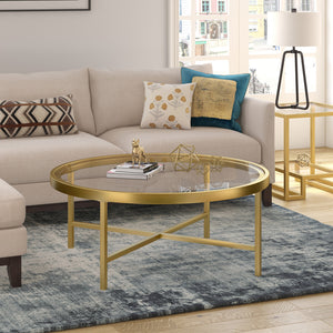 Homeroots 36" Gold Glass And Steel Round Coffee Table   520976