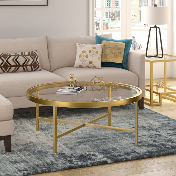 Homeroots 36" Gold Glass And Steel Round Coffee Table   520976