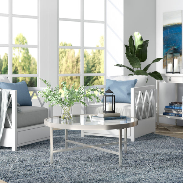 Homeroots 36" Silver Glass And Steel Round Coffee Table   520977