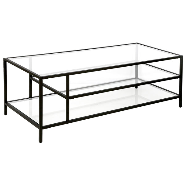 Homeroots 46" Black Glass And Steel Coffee Table With Two Shelves   520978
