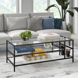 Homeroots 46" Black Glass And Steel Coffee Table With Two Shelves   520978