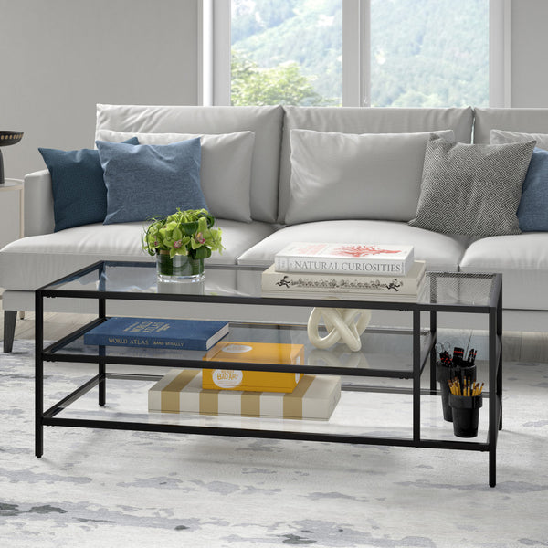 Homeroots 46" Black Glass And Steel Coffee Table With Two Shelves   520978
