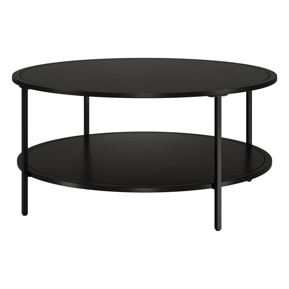 Homeroots 36" Black Glass And Steel Round Coffee Table With Shelf   520980