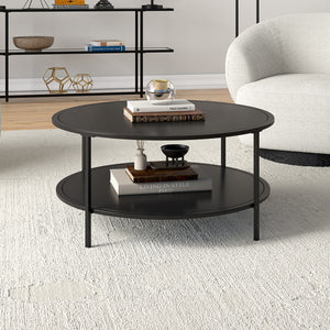 Homeroots 36" Black Glass And Steel Round Coffee Table With Shelf   520980