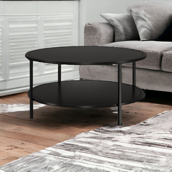 Homeroots 36" Black Glass And Steel Round Coffee Table With Shelf   520980
