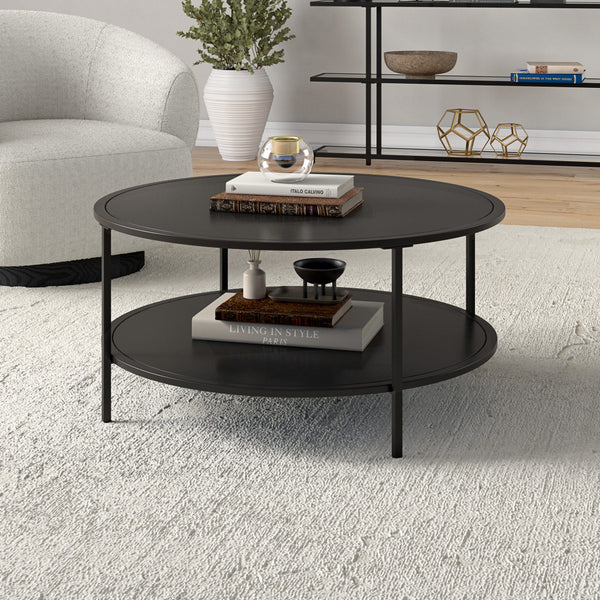 Homeroots 36" Black Glass And Steel Round Coffee Table With Shelf   520980