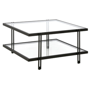 Homeroots 32" Clear And Black Glass And Steel Square Coffee Table With Shelf   520982
