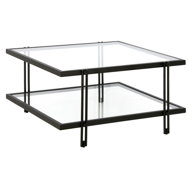 Homeroots 32" Clear And Black Glass And Steel Square Coffee Table With Shelf   520982