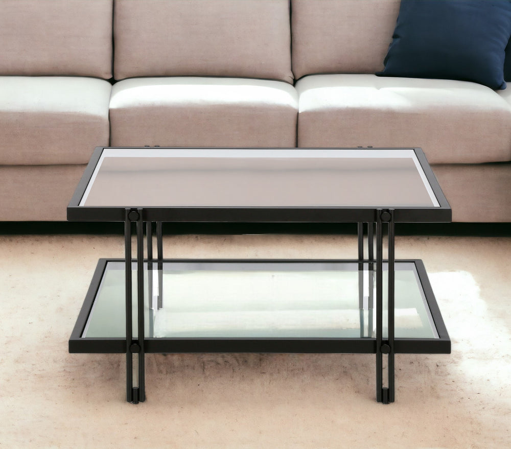 Homeroots 32" Clear And Black Glass And Steel Square Coffee Table With Shelf   520982