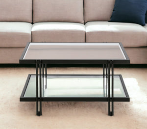 Homeroots 32" Clear And Black Glass And Steel Square Coffee Table With Shelf   520982