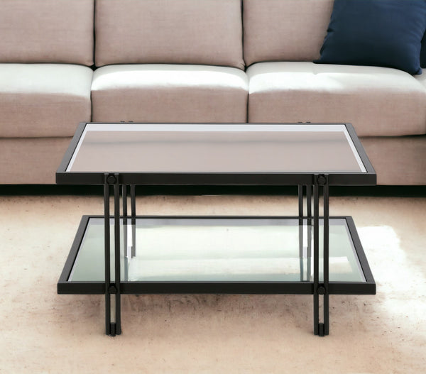 Homeroots 32" Clear And Black Glass And Steel Square Coffee Table With Shelf   520982