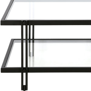 Homeroots 32" Clear And Black Glass And Steel Square Coffee Table With Shelf   520982
