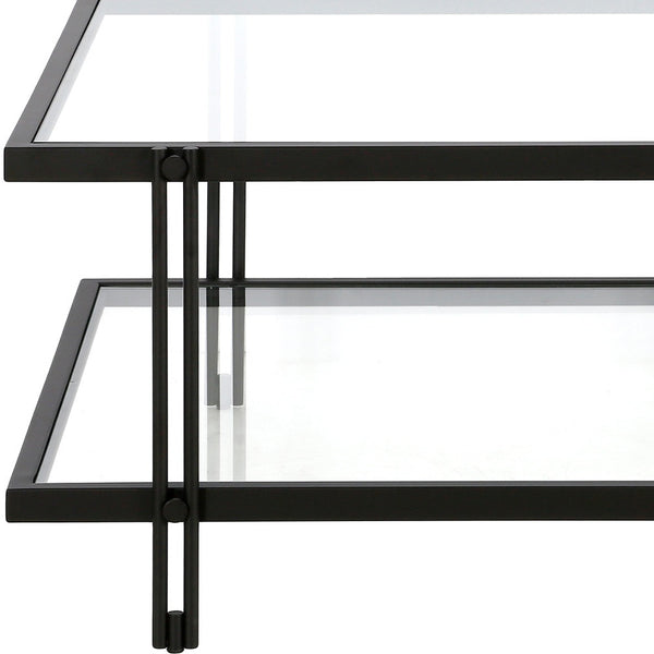 Homeroots 32" Clear And Black Glass And Steel Square Coffee Table With Shelf   520982