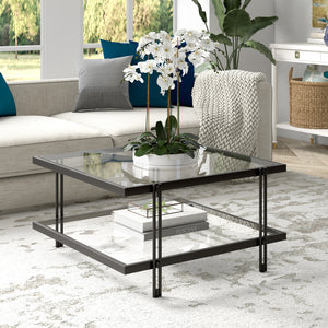 Homeroots 32" Clear And Black Glass And Steel Square Coffee Table With Shelf   520982
