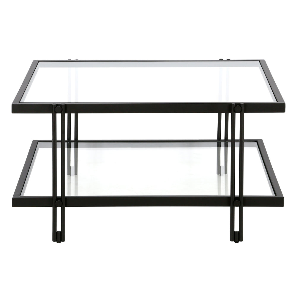 Homeroots 32" Clear And Black Glass And Steel Square Coffee Table With Shelf   520982