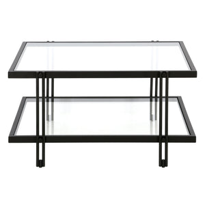 Homeroots 32" Clear And Black Glass And Steel Square Coffee Table With Shelf   520982