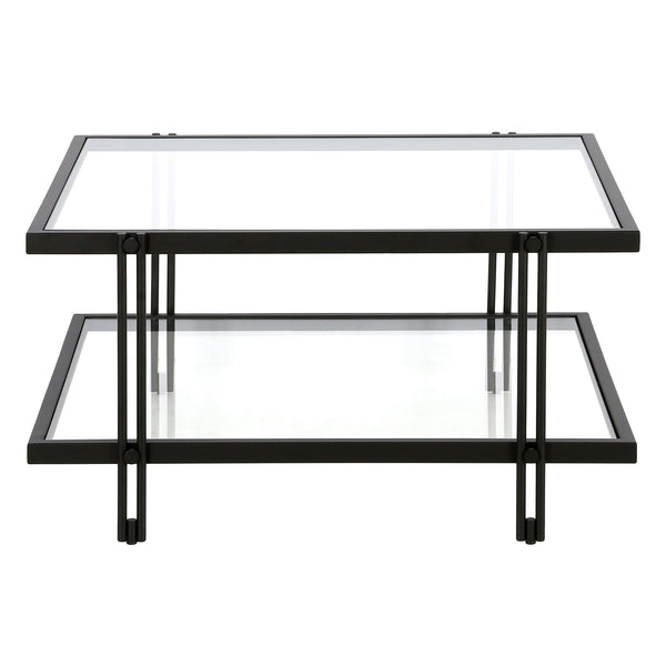 Homeroots 32" Clear And Black Glass And Steel Square Coffee Table With Shelf   520982
