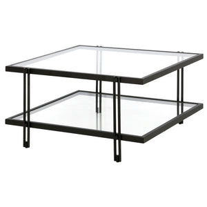 Homeroots 32" Clear And Black Glass And Steel Square Coffee Table With Shelf   520982