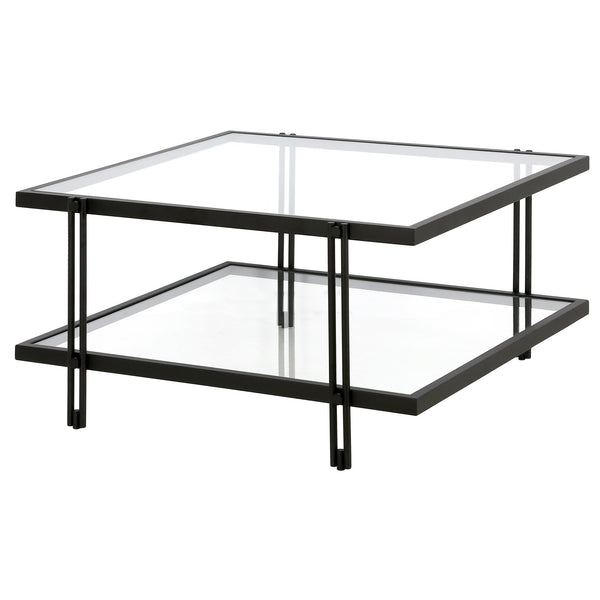 Homeroots 32" Clear And Black Glass And Steel Square Coffee Table With Shelf   520982