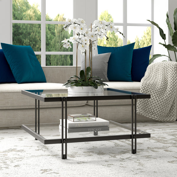 Homeroots 32" Clear And Black Glass And Steel Square Coffee Table With Shelf   520982