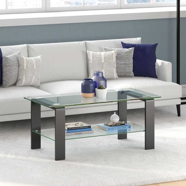 Homeroots 40" Gray Glass And Steel Coffee Table With Shelf   520986